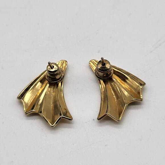 VTG Gold Tone Leaf Fan Wave Earrings Pierced Glam Costume Jewelry - Picture 4 of 6